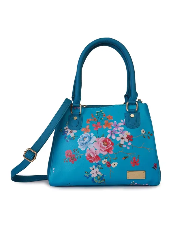 Turquoise_Premium_Quality_Vegan_Leather_Flower_Print_Handbag_For_Women