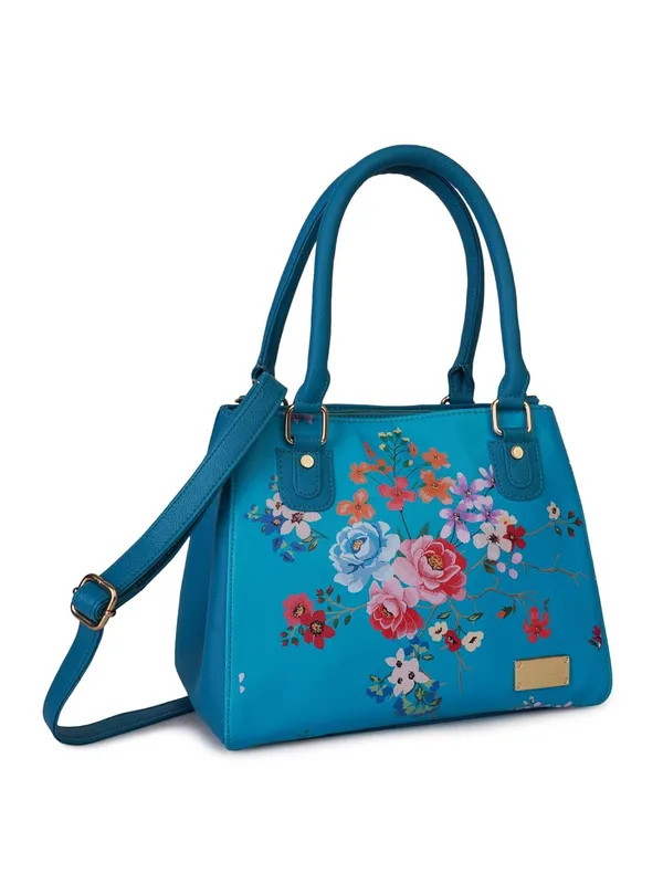 Turquoise_Premium_Quality_Vegan_Leather_Flower_Print_Handbag_For_Women