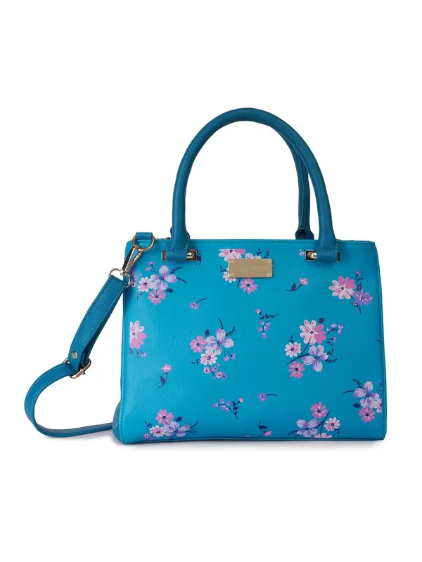 Turquoise_Premium_Quality_Vegan_Leather_Flower_Print_Handbag_For_Women