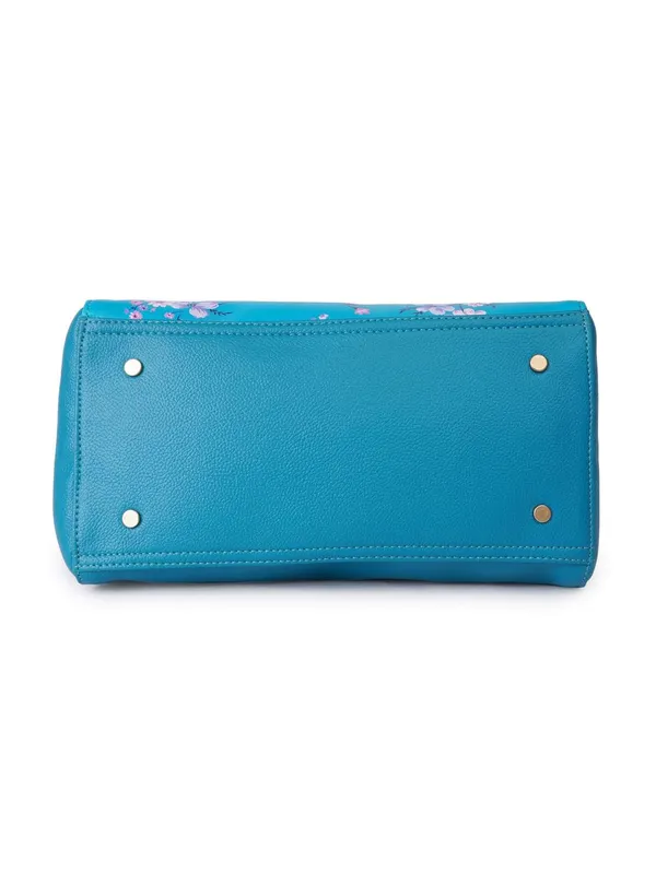 Turquoise_Premium_Quality_Vegan_Leather_Flower_Print_Handbag_For_Women