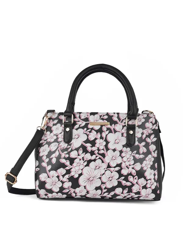 Black_Premium_Quality_Faux_Leather_Flower_Print_Handbag_For_Women