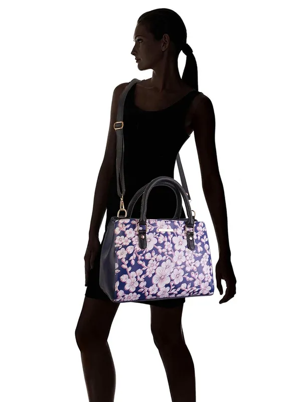 Blue_Premium_Quality_Vegan_Leather_Flower_Print_Handbag_For_Women