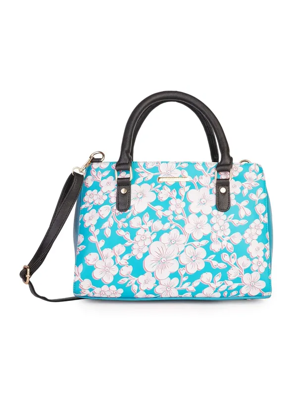 Turquoise_Premium_Quality_Vegan_Leather_Flower_Print_Handbag_For_Women