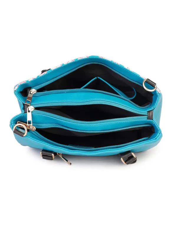 Turquoise_Premium_Quality_Vegan_Leather_Flower_Print_Handbag_For_Women