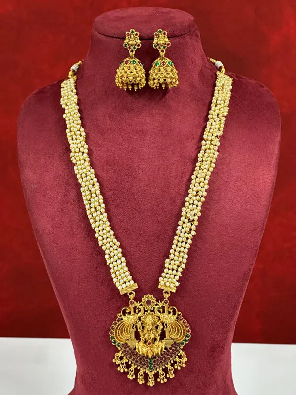 Gold_Plated_Long_Necklace_And_Earrings_Set_|_South_Indian_Jewellery