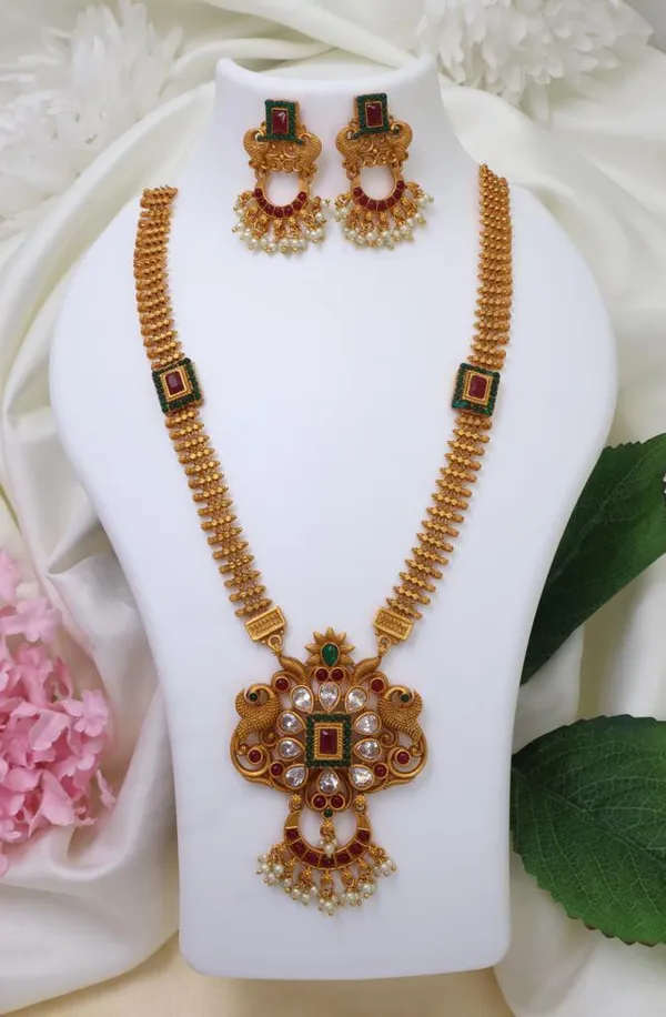 Gold_Plated_Long_Necklace_And_Earrings_Set_|_South_Indian_Jewellery