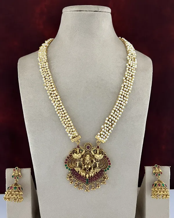 Gold_Plated_Long_Necklace_And_Earrings_Set_|_South_Indian_Jewellery