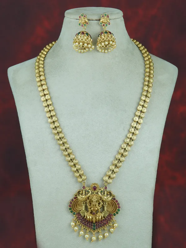 Gold_Plated_Long_Necklace_And_Earrings_Set_|_South_Indian_Jewellery