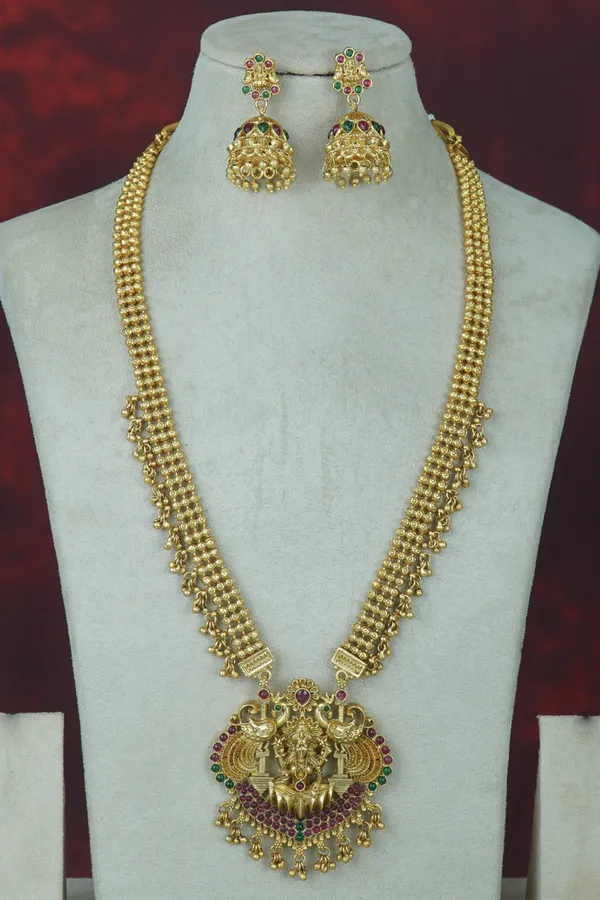 Gold_Plated_Long_Necklace_And_Earrings_Set_|_South_Indian_Jewellery
