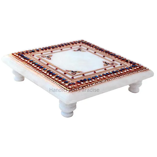 Multicolor_Embellished_Kundans_Marble_Chowki_,6_Inch