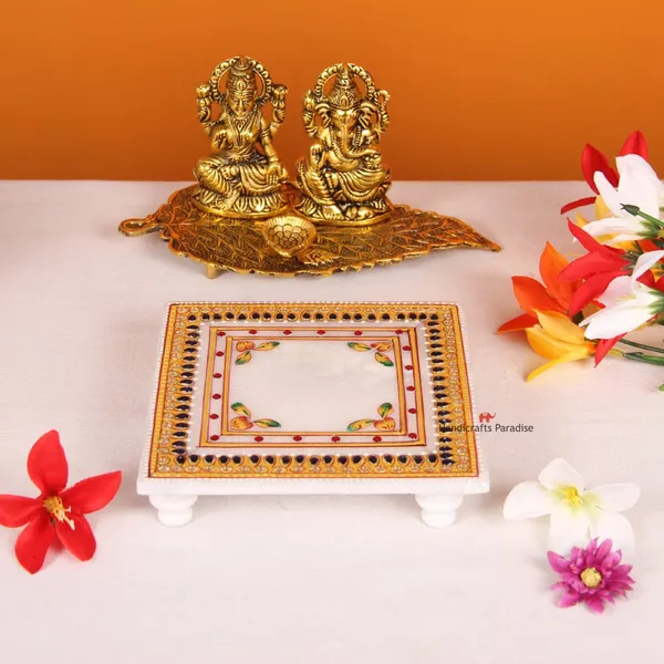 Multicolor_Embellished_Kundans_Marble_Chowki_,6_Inch