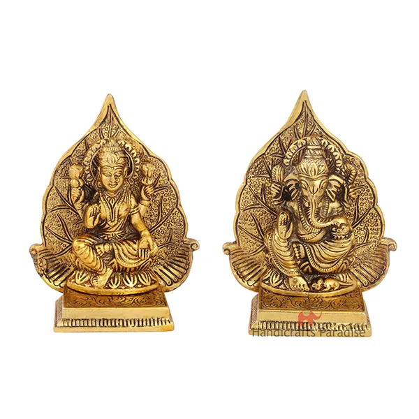 Golden_Metal_Lakshmi_Ganesh_Pair_With_Leaf_Background,_5_Inch,_(Set_Of_2_Piece)