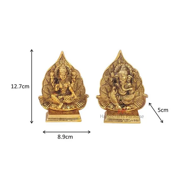 Golden_Metal_Lakshmi_Ganesh_Pair_With_Leaf_Background,_5_Inch,_(Set_Of_2_Piece)