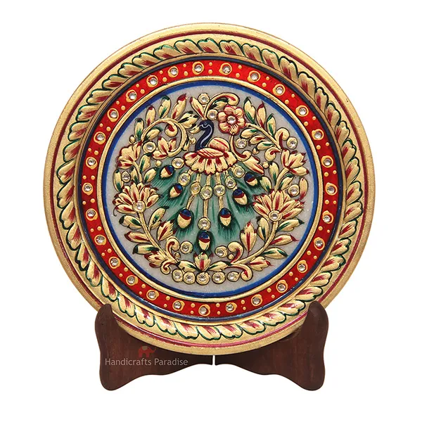 Multicolor_Peacock_Painted_Marble_Round_Plate_Showpiece_-_7_Inch