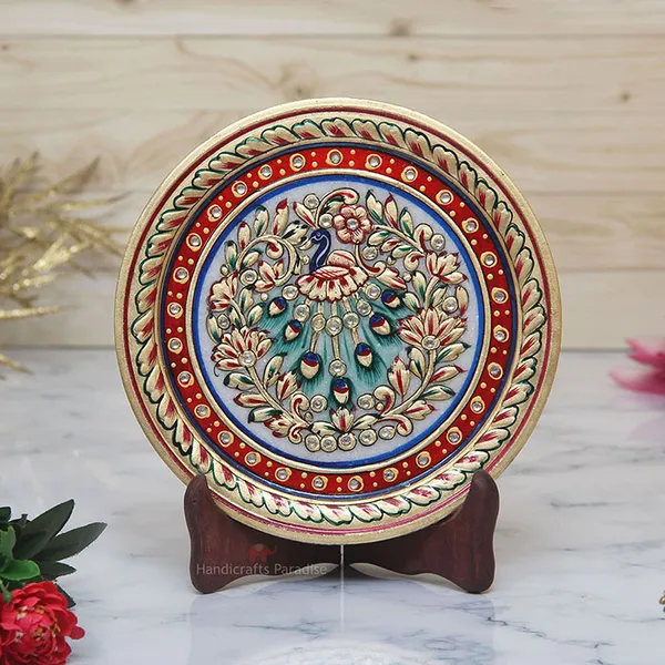 Multicolor_Peacock_Painted_Marble_Round_Plate_Showpiece_-_7_Inch