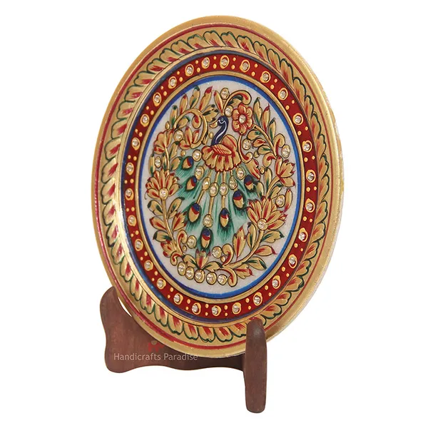 Multicolor_Peacock_Painted_Marble_Round_Plate_Showpiece_-_7_Inch