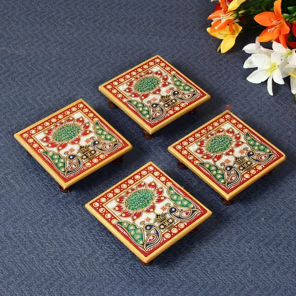 Multicolor_Marble_Chowki_With_Peacock_Design,_4Inch_(Set_Of_4Pc)