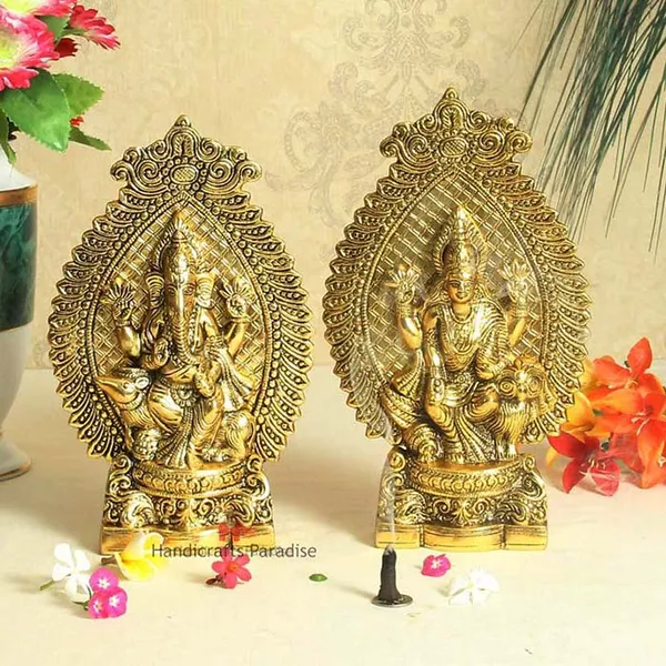 Golden_Metal_Lakshmi_Ji_And_Ganesh_Figurine_10.5_Inch,_(Set_Of_2_Pcs)