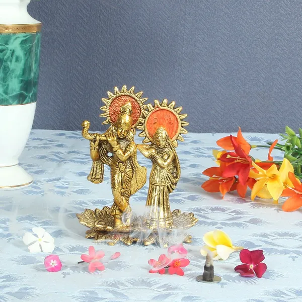 Golden_Radha_Krishna_Playing_Flute_Standing_On_Lotus_Shaped_Base_Antique