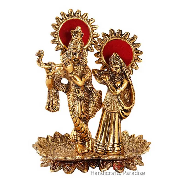 Golden_Radha_Krishna_Playing_Flute_Standing_On_Lotus_Shaped_Base_Antique
