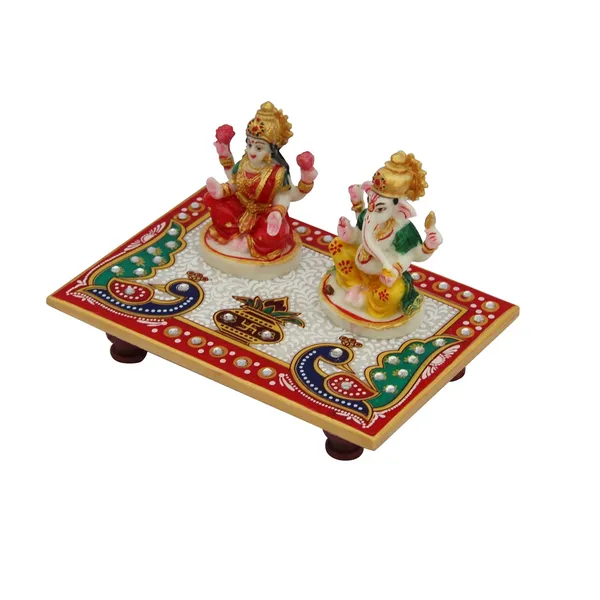 Multicolor_Marble_Pooja_Chowki_With_Resin_Laxmi_Ganesha_Figurine