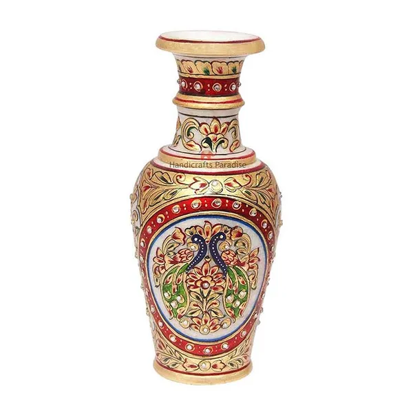 Multicolor_Marble_Flower_Pot_With_Intricate_Double_Peacock_Painting_For_Home_Dacor_-_9_Inch