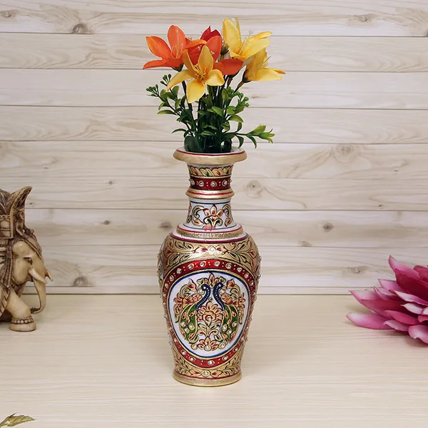 Multicolor_Marble_Flower_Pot_With_Intricate_Double_Peacock_Painting_For_Home_Dacor_-_9_Inch