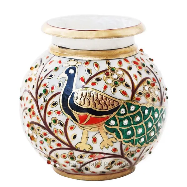 Multicolor_Peacock_Motif_Kundan_Studded_Marble_Flower_Pot,_5_Inch