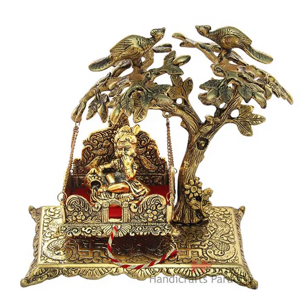 Golden_Krishna_Seated_On_Jhoola_Hanging_On_Tree_Metal_Figurine