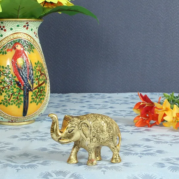 Golden_Metal_Elephant_Trunk_Up_Carved_Antique,_4_Inch