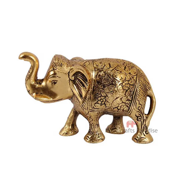 Golden_Metal_Elephant_Trunk_Up_Carved_Antique,_4_Inch