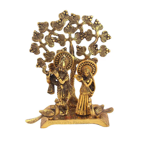 Golden_Radha_Krishna_Metal_Figurine_Standing_On_Base_With_2_Peacocks_And_A_Tree_In_Backdrop