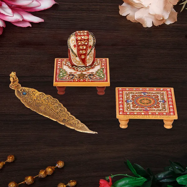 Multicolor_2_Marble_Chowki,_Ganesh_Figurine_And_Metal_Incense_Holder_(Set_Of_4Pc)