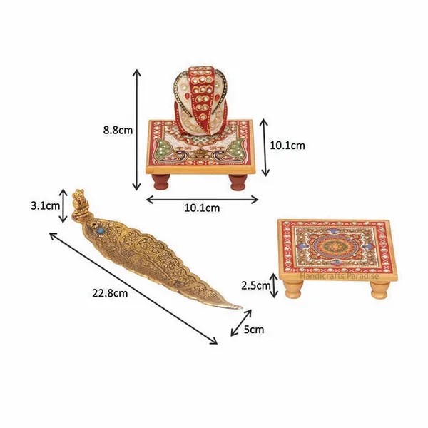 Multicolor_2_Marble_Chowki,_Ganesh_Figurine_And_Metal_Incense_Holder_(Set_Of_4Pc)