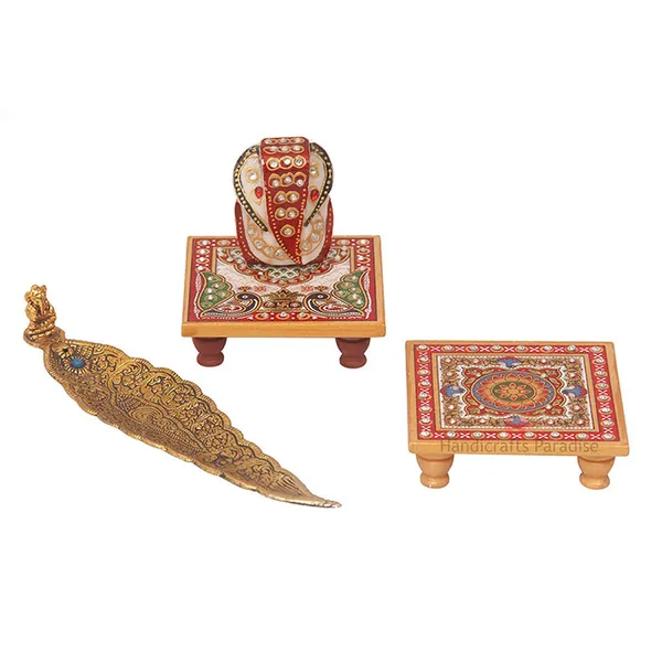 Multicolor_2_Marble_Chowki,_Ganesh_Figurine_And_Metal_Incense_Holder_(Set_Of_4Pc)