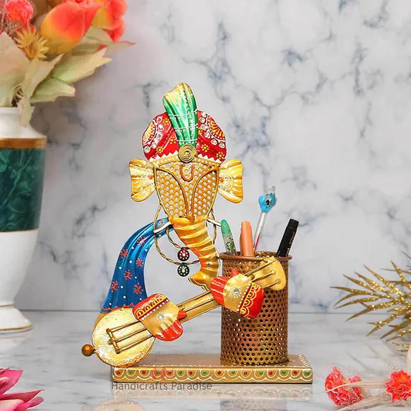 Golden_Iron_Ganesha_Playing_Guitar_Pen_Holder_Showpiece,_10.75_Inch