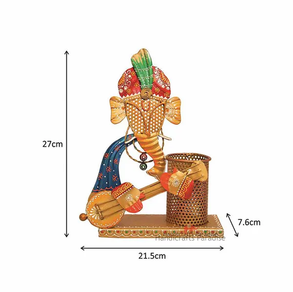 Golden_Iron_Ganesha_Playing_Guitar_Pen_Holder_Showpiece,_10.75_Inch