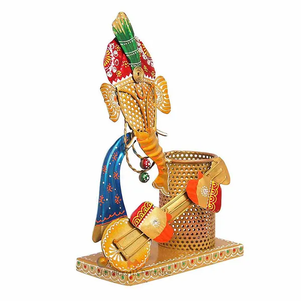 Golden_Iron_Ganesha_Playing_Guitar_Pen_Holder_Showpiece,_10.75_Inch