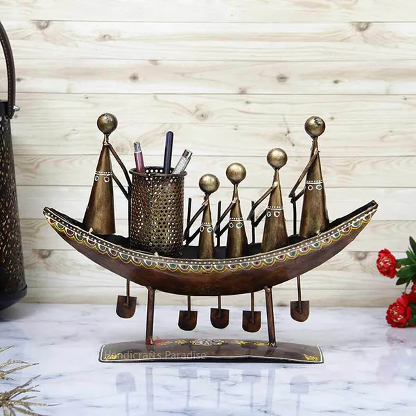 Rust_Golden_Iron_Boat_Pen_Holder_Showpiece_For_Home_Decor,_11.25_Inch
