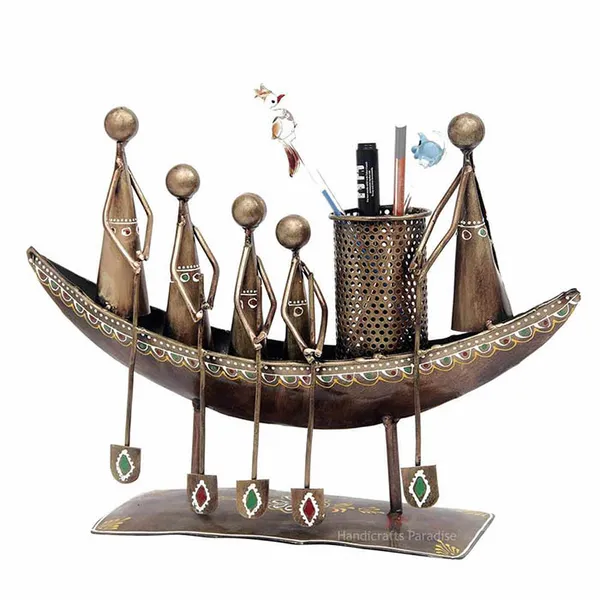 Rust_Golden_Iron_Boat_Pen_Holder_Showpiece_For_Home_Decor,_11.25_Inch