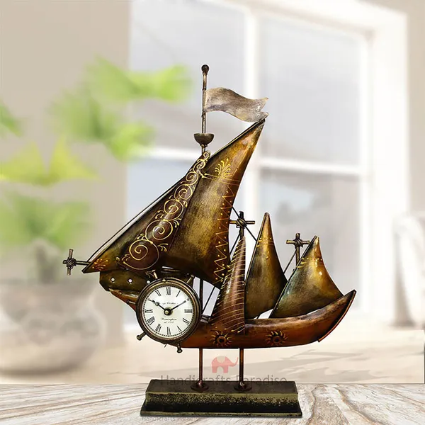 Rust_Golden_Wrought_Iron_Ship_Table_Clock_Showpiece_For_Home_Decor,_19.5_Inch