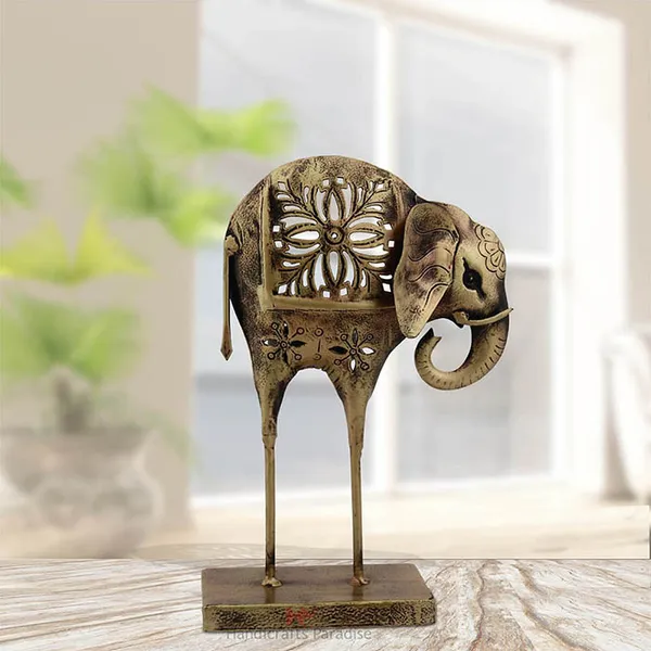 Multicolor_Cut_Work_Long_Leg_Elephant_Tea_Light_Holder_Showpiece_For_Home_Dacor_In_Wrought_Iron_-_9.25_Inches