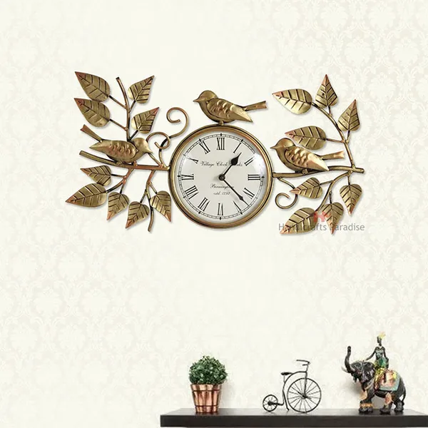 Golden_Wrought_Iron_Birds_And_Leaves_Pattern_Wall_Clock,_10_Inch