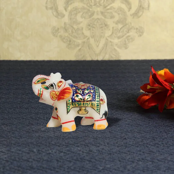White_Marble_Elephant_Blue_Embossed_Showpiece_,_2_Inch