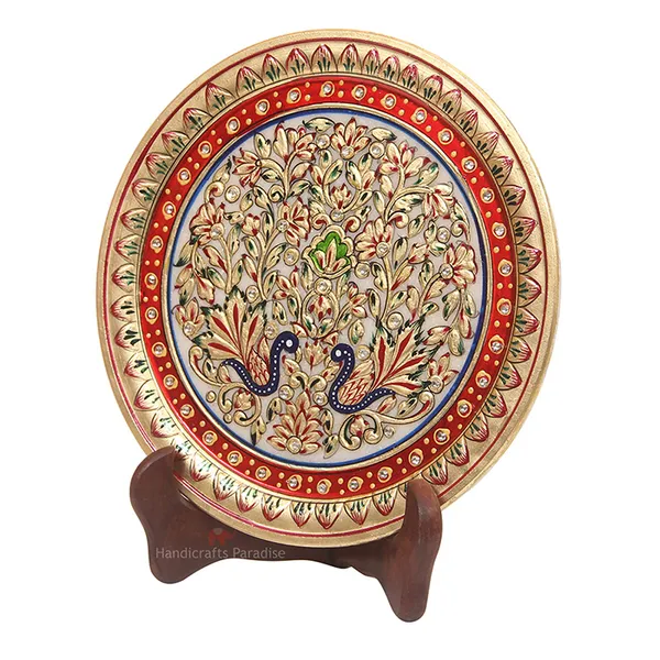 Multicolor_Marble_Plate_Emboss_Work_Peacock_Painted_-_9_Inch