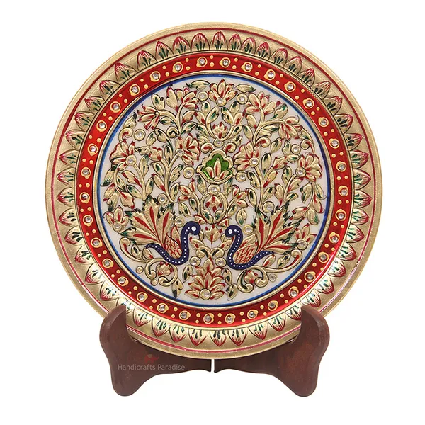 Multicolor_Marble_Plate_Emboss_Work_Peacock_Painted_-_9_Inch