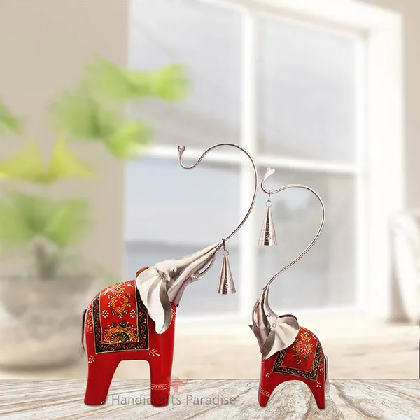 Maroon_Wooden_And_Metal_Elephant_Decorative_Showpiece_With_Bells_(_15_Inch_)_-_Set_Of_2_Pc