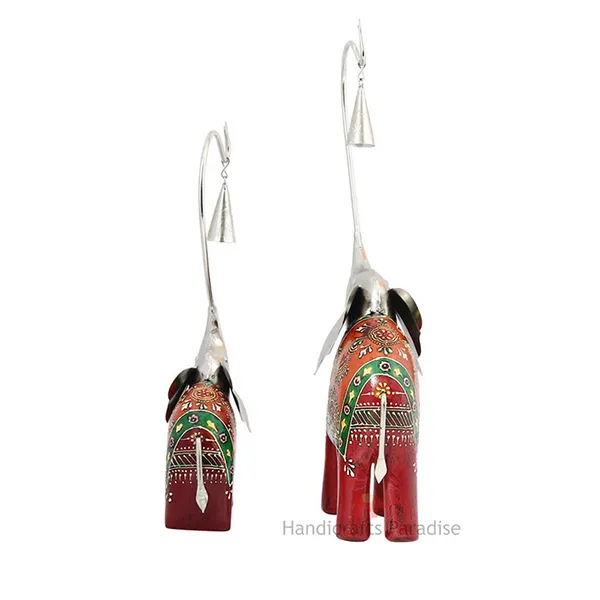 Maroon_Wooden_And_Metal_Elephant_Decorative_Showpiece_With_Bells_(_15_Inch_)_-_Set_Of_2_Pc