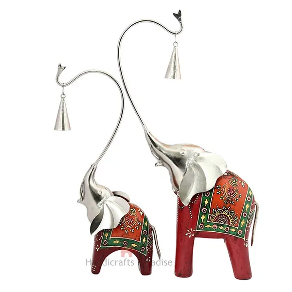 Maroon_Wooden_And_Metal_Elephant_Decorative_Showpiece_With_Bells_(_15_Inch_)_-_Set_Of_2_Pc