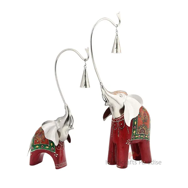 Maroon_Wooden_And_Metal_Elephant_Decorative_Showpiece_With_Bells_(_15_Inch_)_-_Set_Of_2_Pc